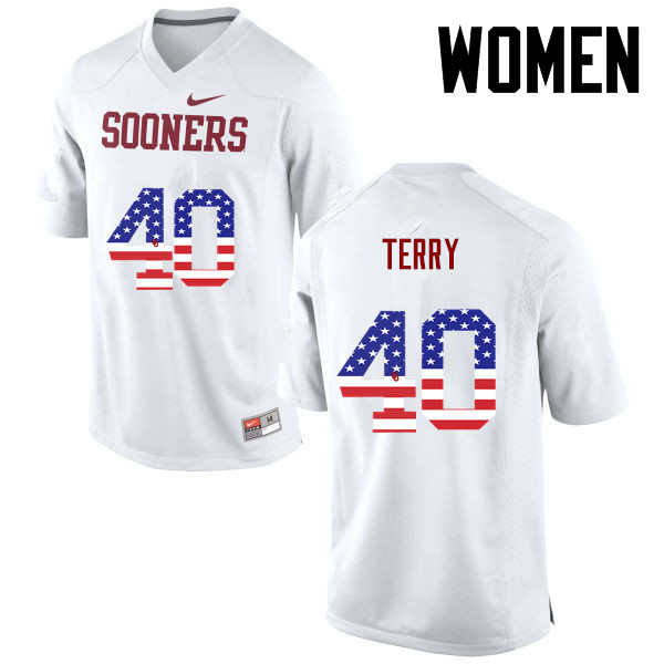 Women Oklahoma Sooners #40 Jon-Michael Terry College Football USA Flag Fashion Jerseys-White - Click Image to Close